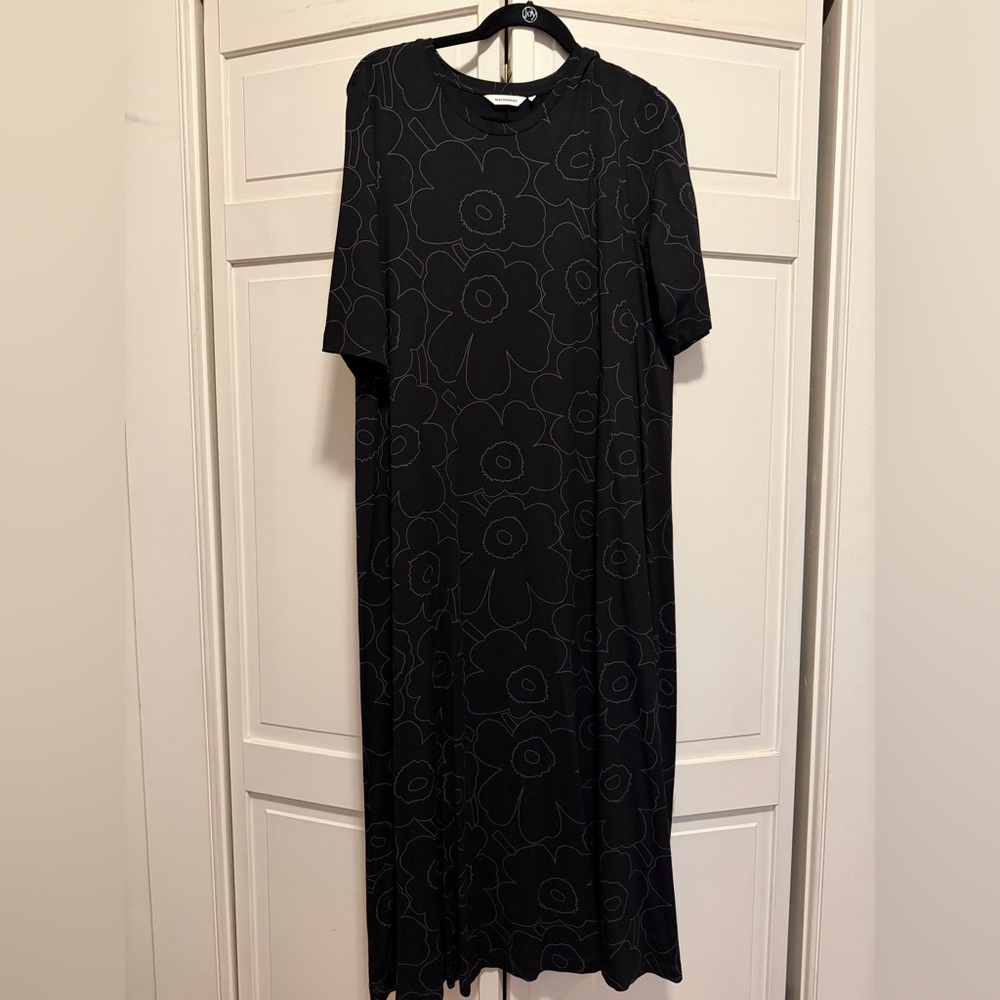 Marimekko Black Floral Maxi Dress Jersey Cotton Poppy Flower Print Size Medium